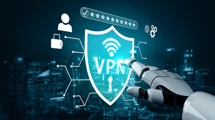 Fototapeta premium Advanced Cybersecurity Concept Featuring Robotic Finger Pointing at VPN Shield with Digital Icons on Futuristic Background Haptic.