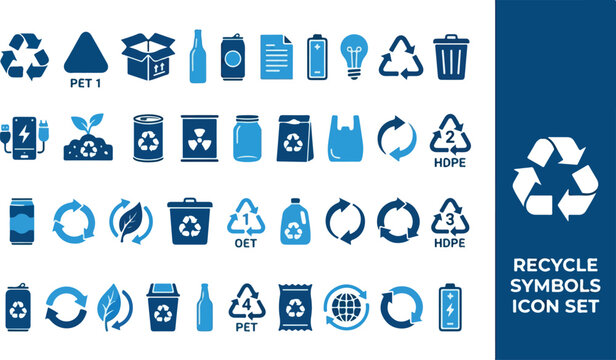 A comprehensive vector set of dark blue icons representing recycling symbols, waste management, and ecological concepts