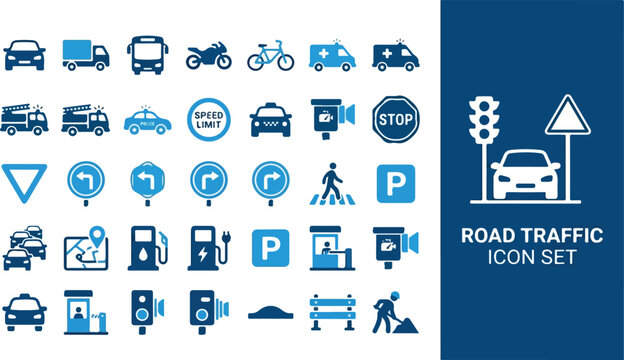 Road Traffic Icon Set - Vector Collection of Symbols for Transportation and Navigation