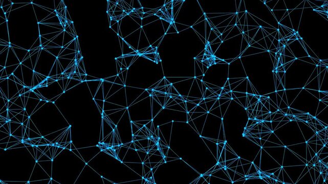 Plexus network mesh mapping across the entire frame with blue nodes over a black background.
