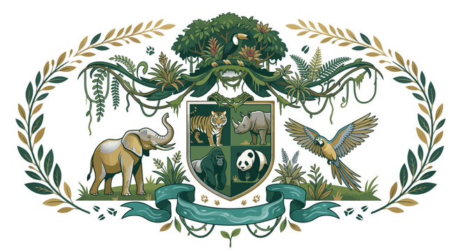 Elaborate Wildlife Conservation Crest with Tropical Animals, Lush Jungle Foliage, and Biodiversity Motif