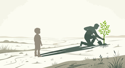 Naklejka premium Adult silhouette planting a tree as a child watches, symbolizing environmental responsibility, legacy, and future generations.