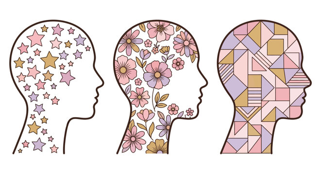 Abstract vector illustration of three human head profiles filled with stars, flowers, and geometric patterns symbolizing mind, thoughts, and creativity.