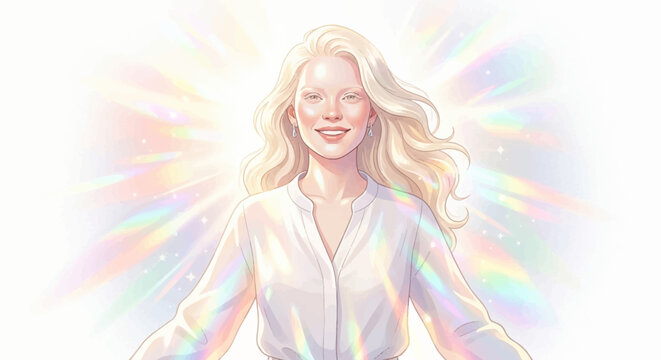 Serene blonde woman smiling, illuminated by a radiant burst of prismatic rainbow light, ethereal aura.