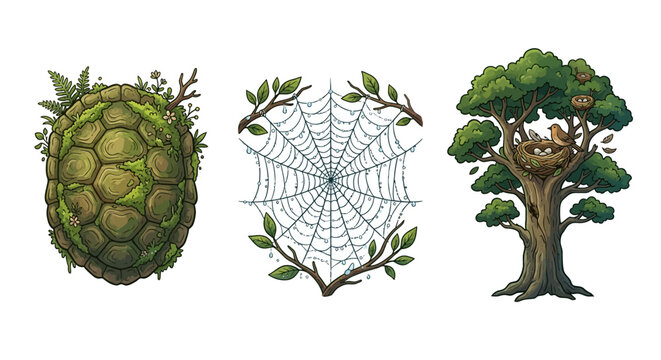 Collection of natural illustrations: organic textured pod, intricate spider web, and majestic tree with bird's nest and fledglings