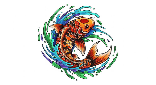 Vibrant Orange Koi Fish Swimming Through Blue Water Splashes.