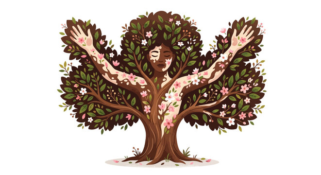 Beautiful illustration of a person with vitiligo skin emerging as a vibrant blossoming tree. Diversity, natural beauty, self-love, and growth concept.