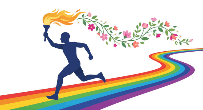 Silhouette runner with flaming torch on a vibrant rainbow path, leaving a beautiful floral trail. Concept of progress, diversity, and achievement.
