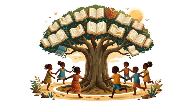 Diverse children playing around a vibrant knowledge tree adorned with open books, symbolizing education, learning, growth, and community.