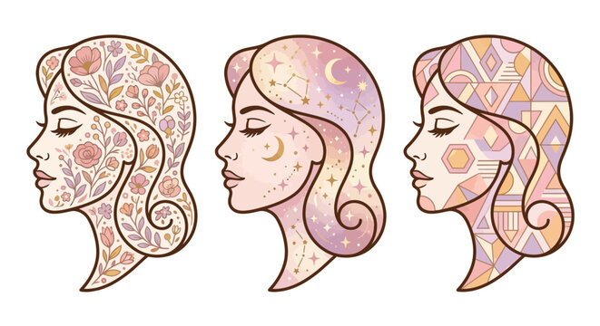 Stylized female profiles with floral, celestial, and geometric patterns. Three vector illustrations of women's faces in pastel colors.
