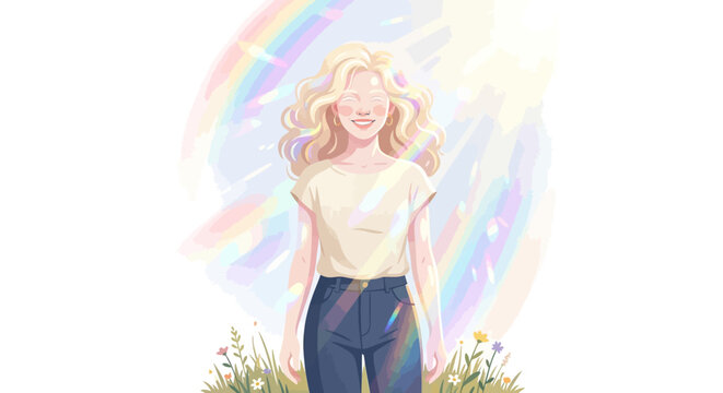 Blissful woman with flowing blonde hair embracing warm sun rays and a vibrant rainbow in a serene nature setting, digital art.