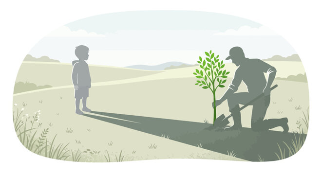 Adult and child planting a young tree in a rural landscape, symbolizing environmental protection, future generations, and growth.