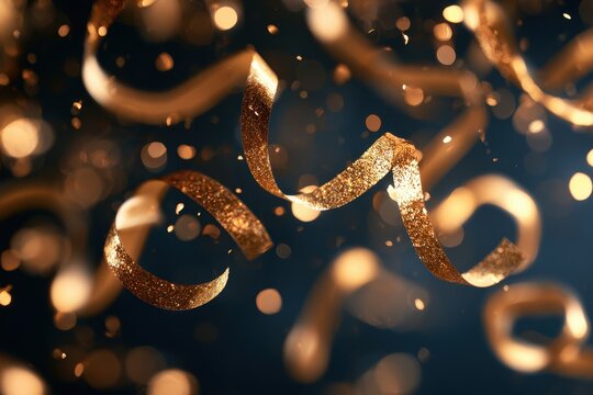 Gold glitter streamers falling through glowing bokeh light in a sharp focus macro shot for festive celebration and luxury event marketing