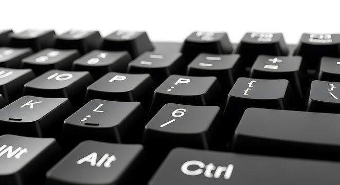 Close-up of a black computer keyboard with white lettering and symbols keys letters