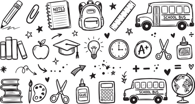 A set of school supplies and icons in a doodle style on a white background, Back To School