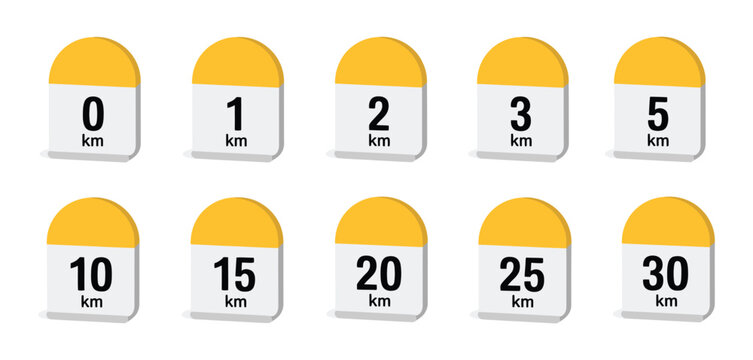 Kilometer milestone vector icon collection with numbered road markers for travel, distance tracking, and map design.