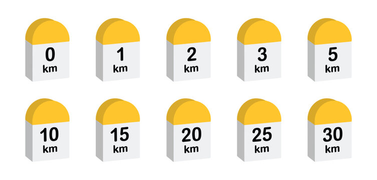Road distance milestone marker icon set featuring yellow kilometer stones for navigation and route mapping.