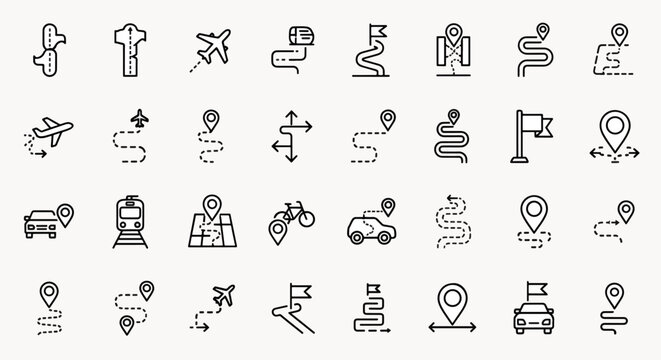 Set of navigation map icons representing various travel methods and routes including airplanes, cars, trains, and bicycles with waypoints