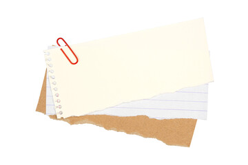 Fototapeta premium Torn lined notebook paper with a cardboard frame and paperclip isolated on a white background, scrapbook craft design element.