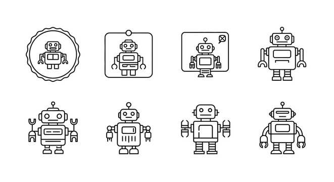 Set of cute robot icons in thin line style for technology design