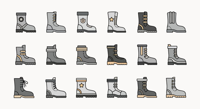 Collection of various styles of military and combat boots, rendered in a clean flat design with colorful outlines