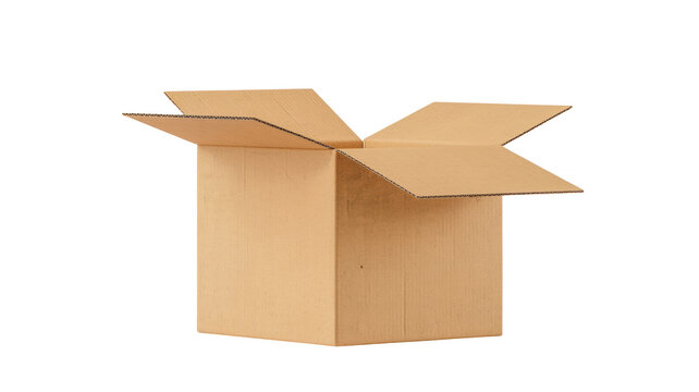 This professional studio photo captures an empty open cardboard box with folded flaps showing durable corrugated material as a versatile shipping container on transparent background