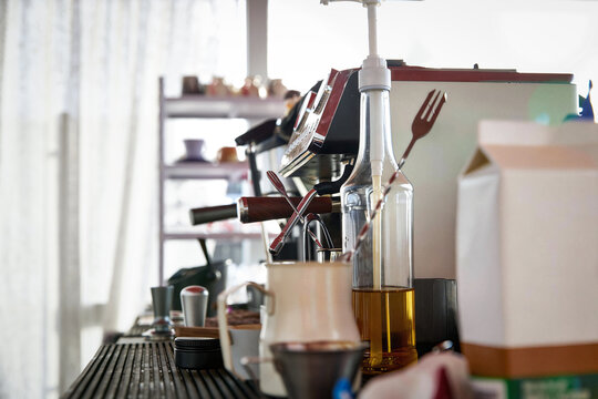 Italian semi-automatic coffee machine equipment at the coffee shop bar