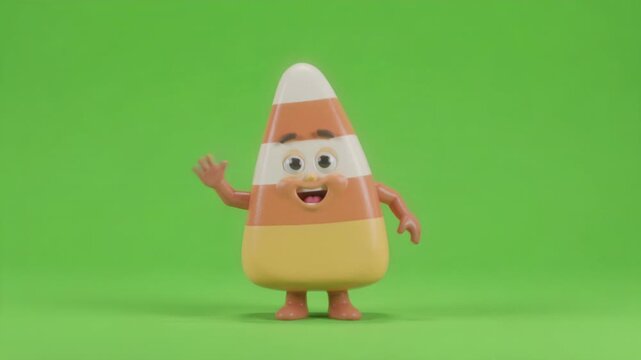Animated candy corn character waving with cheerful expression in seamless loop isolated on chroma key background delivering playful seasonal mascot visual for Halloween branding