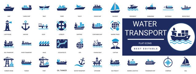 water transport icon set. maritime, shipping, boat, logistics, cruise, navigation, cargo, ferry, vessel, port. editable solid vector illustration. © Iconova Studio