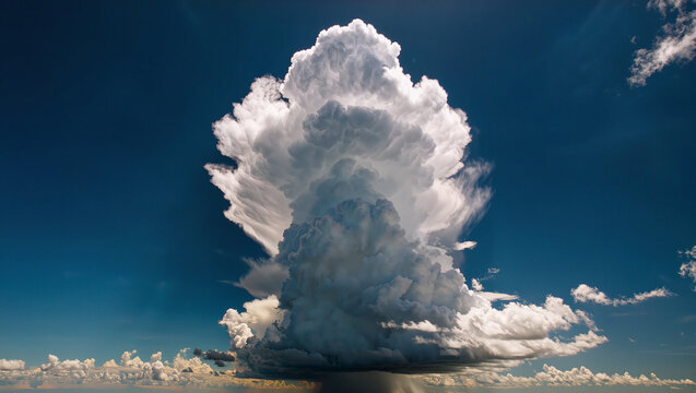 Dramatic massive cumulus cloud formation rising in deep blue summer sky with cinematic light, premium weather concept, editorial nature landscape photography with copy space