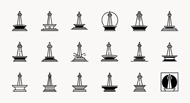 Collection of Monumen Nasional (Monas) Icons, Jakarta Indonesia Landmark Vector Set, Minimalist Style Monument Graphics