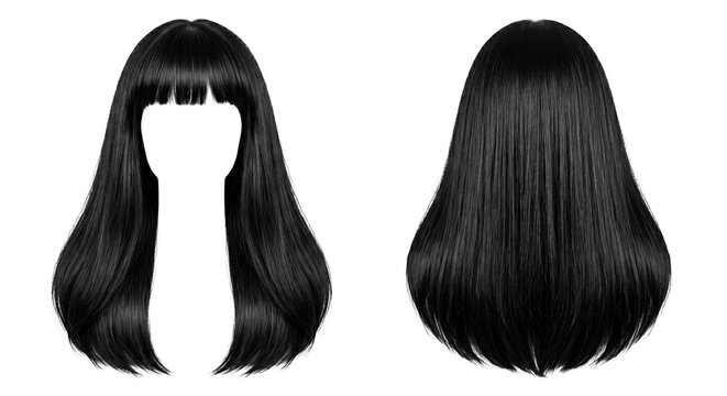 Long straight black wig with bangs front and back