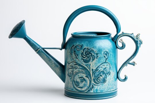 Teal vintage watering can with ornate floral embossing against a clean white background in a studio shot for home and garden marketing