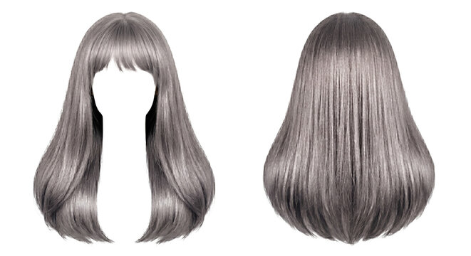 Long straight silver grey wig with bangs front back