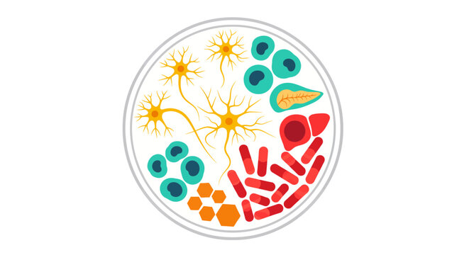 Scientific illustration of human cells and neurons in a petri dish
