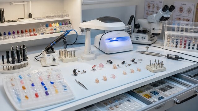 Tools and equipment for hearing aid preparation in a workshop setting with various materials displayed for assembly