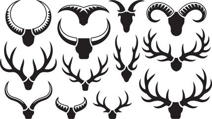 Fototapeta premium Collection of various animal horns and antlers, hunting symbols, graphic elements.