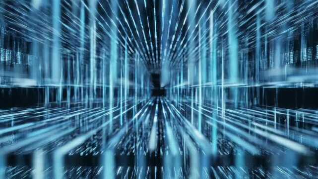 Abstract digital environment with blue light beams creating a tunnel effect, showcasing a continuous flow of data and information in a futuristic setting