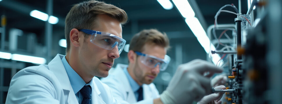 Scientists wear safety glasses and lab coats, examining complex equipment. Researchers collaborate on new energy project in modern RD center, testing innovation.
