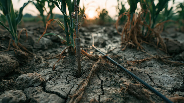 Dry soil moisture probe in farm field near plant stem, irrigation sensor monitoring drought stress