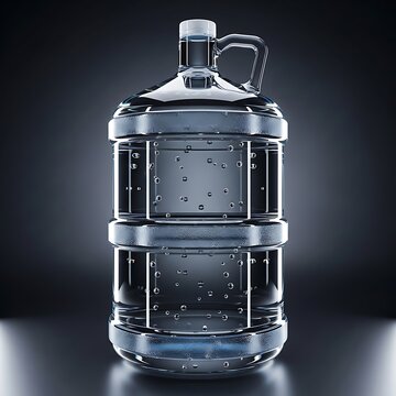 Large plastic water bottle container with handle filled with clear fresh water standing in a studio. 5 gallon jug