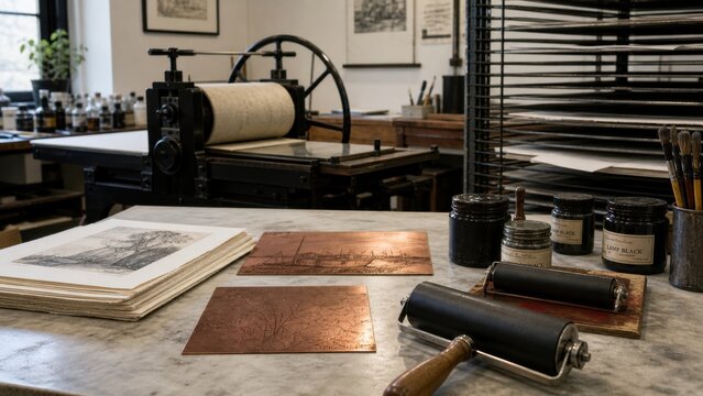 Art studio displaying tools and materials for printmaking in a creative workspace setting during daylight hours