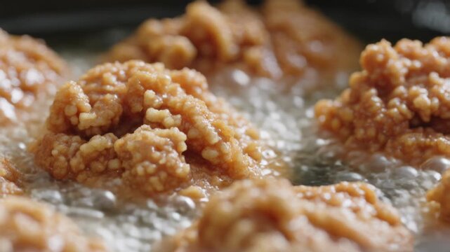 Extreme close up of crispy chicken pieces frying in bubbling oil capturing texture and cooking process intensity for fast food advertising and culinary production footage