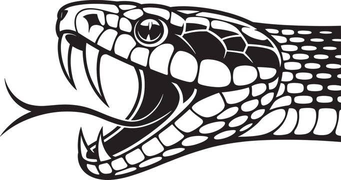 Fierce black cobra snake head showing sharp fangs and forked tongue attacking in graphic style.