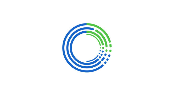 A circular abstract graphic design with blue and green dotted lines on white background