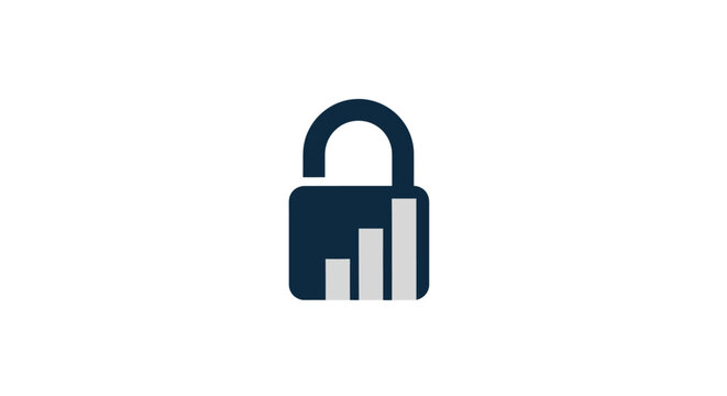 A dark blue padlock icon featuring a simple bar chart graphic inside the shape