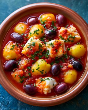 Stoccafisso accomodato ligure with potatoes and olives in a bowl