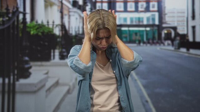 Woman covering ears with hands on a city street, denim shirt visible, wincing from headache; anxiety isolation.