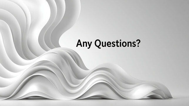 Minimal white abstract wave background with text any questions for clean presentation ending slide design