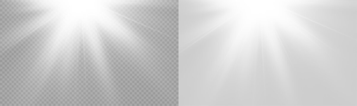 White Sunlight Bright Glow Isolated. Png overlay Sun isolated, Yellow Sun PNG vector light effect
